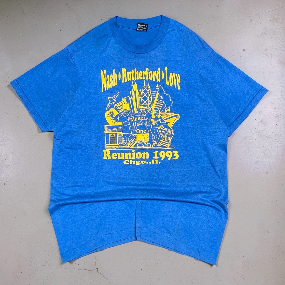 Vintage 1993 Nash Rutherford Love Reunion T Shirt XL USA Made Single Stitch Blue